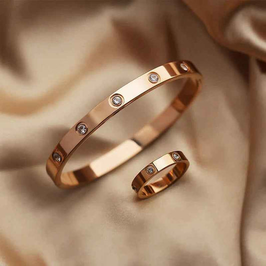 Elegant Stainless Steel Crystal Bangle and Ring Set for Women - Perfect Gift for Her