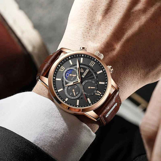 Luxury LIGE Men's Waterproof Quartz Watch - Stylish Leather Sports Timepiece