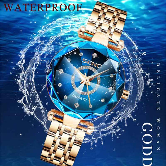 Luxury Women's Quartz Watch - Ocean Heart Star Sky Diamond Face, Waterproof Steel Band