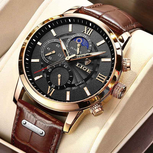 Luxury LIGE Men's Waterproof Quartz Watch - Stylish Leather Sports Timepiece